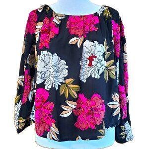 Billabong Black Floral Blouse Sz L Pink White Peonies Whimsigoth Fairy Bohemian